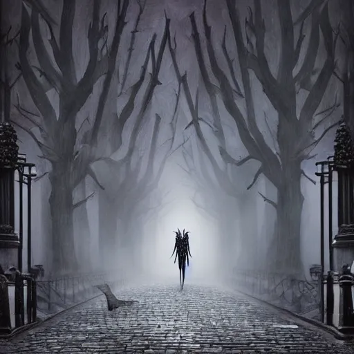 Prompt: ominous spooky wendigo walking through the center of old london city, oil painting, gloomy misty atmosphere, symmetrical, full body image, highly ornate intricate details, very sharp photo,