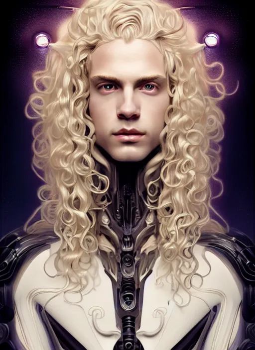 Image similar to symmetry portrait of a pale blond young androgynous prince with very curly long blond curly hair, sci - fi, black steel cyborg body tech wear, glowing lights intricate, elegant, highly detailed, digital painting, artstation, concept art, smooth, sharp focus, illustration, art by artgerm and greg rutkowski and alphonse mucha