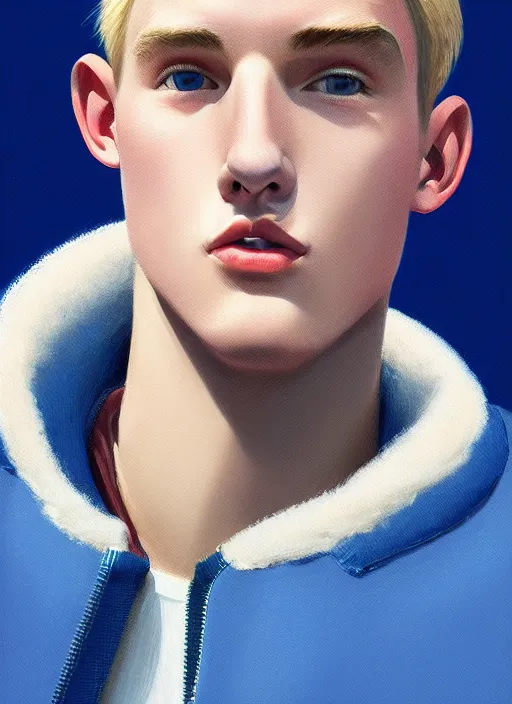 Image similar to portrait of a high school senior boy named moose mason, blonde short hair, jock, beefy, square jaw, square facial structure, 1 9 5 0 s, blue varsity jacket, intricate, elegant, glowing lights, highly detailed, digital painting, artstation, concept art, smooth, sharp focus, illustration, art by wlop, mars ravelo and greg rutkowski