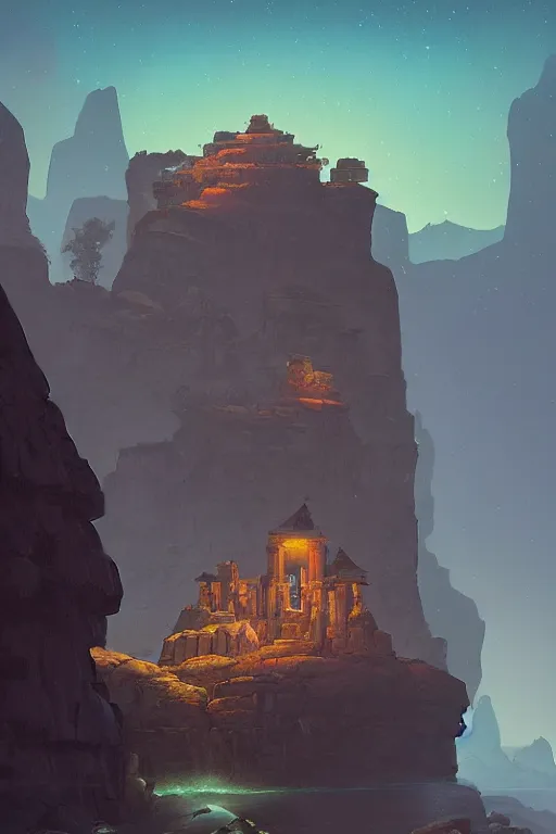 Image similar to ancient temple on a rocky cliff in a canyon, shooting stars in the night sky, dramatic lighting, artstation, matte painting, ralph mcquarrie, simon stalenhag