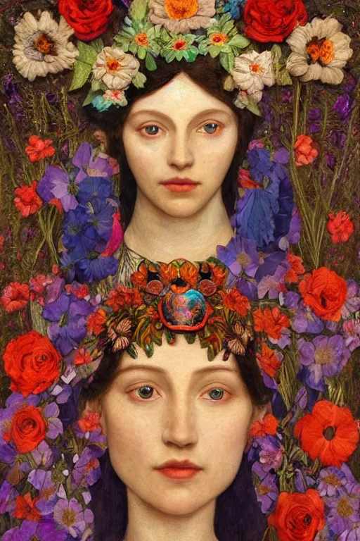 Prompt: queen of flowers, by Annie Swynnerton, and Tino Rodriguez and Nicholas Roerich, elaborate headdress and embroidered velvet, iridescent beetles, rich color, dramatic cinematic lighting, extremely detailed, featured on artstation