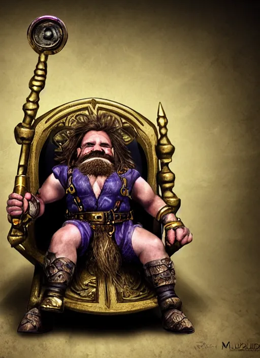 Image similar to dwarf fighter sitting in mechanical chair that has spider legs, gold and purple, exquisite details, black beard, white background, by studio muti