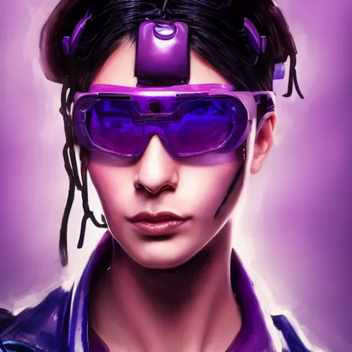 Prompt: very detailed masterpiece painting of a very beautiful wet young mexican cyberpunk woman with blue shutter shades, dark purple hair and a purple leather jacket, closeup, cyberpunk background, purple lighting, raining, portrait, artstation, concept art by greg rutkowski