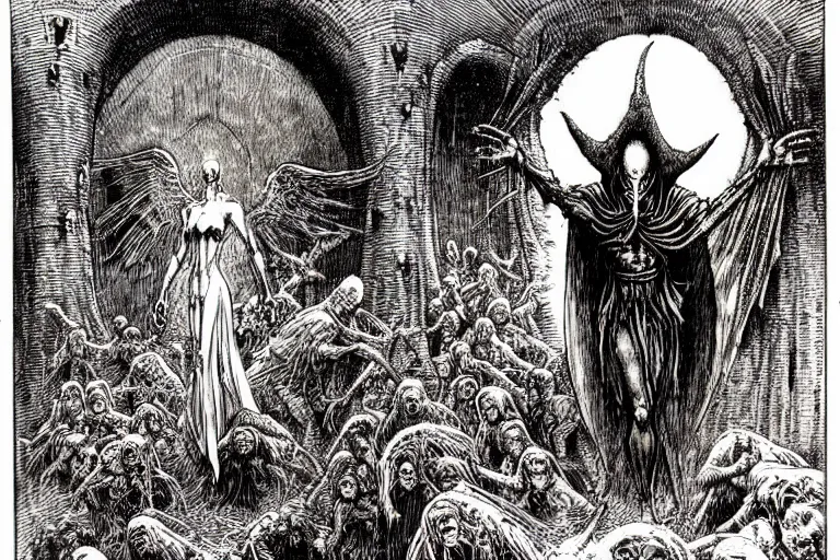 Image similar to fallen angel begs to enter the gates of hell by philippe druillet and gustave dore and les edwards and much a and moebius and hieronymus bosch