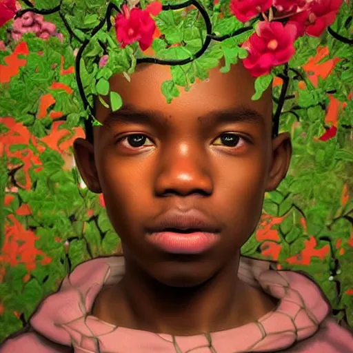 Prompt: colourful vfx art - portrait of nigerian boy wrapped in flowers & vines, art by utagawa kunisada & james jean, volumetric light, ray tracing, unreal engine, octane render, sharp, detailed, digital painting, illustration, highly detailed, intricate detail, pinterest, behance, art station,