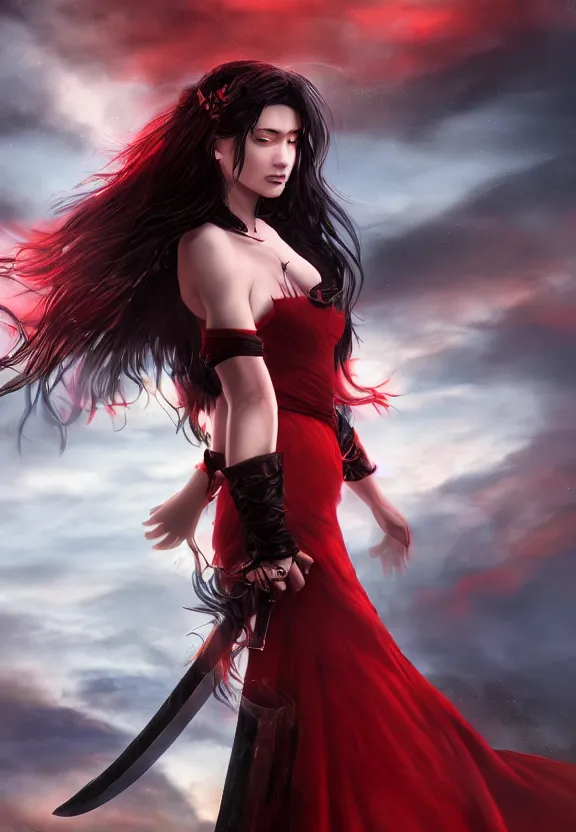 Image similar to a beautiful fierce long black haired woman wearing red dress wielding black sword posing gracefully heroically, heavenly moonlit clouds background, close up shot, artstation, extremely detailed woman, stunning volumetric lighting, hyper realism, fantasy 4k