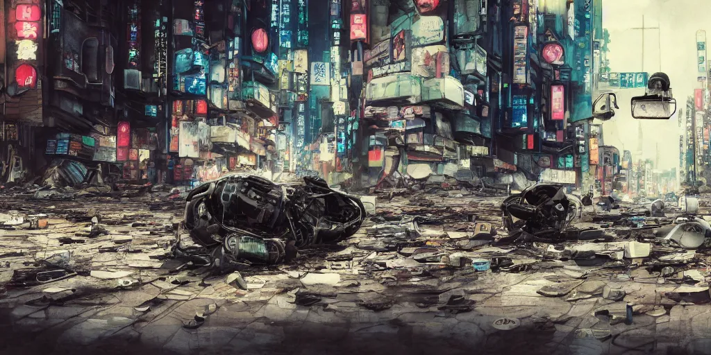 Prompt: a broken robot lying in deserted shinjuku junk town, watercolor, ghost in the shell, soft bloom lighting, paper texture, movie scene, cyberpunk, animatronic, black smoke, pale, beige sky pencil marks, hd, 4k, remaster, dynamic camera angle, deep 3 point perspective, fish eye, dynamic scene