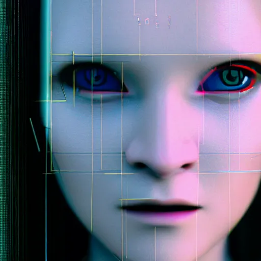 Image similar to cinematic movie still of cybernetic character named Mona Lisa in The Matrix, futuristic eye implant, cyberpunk, XF IQ4, 150MP, 50mm, F1.4, ISO 200, 1/160s, twilight in the city