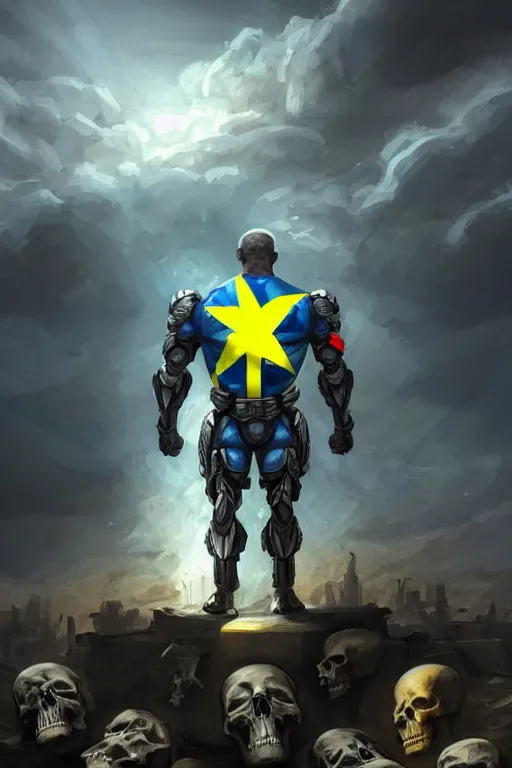 Image similar to a full body shot from distance of a super soldier with a Ukrainian blue and yellow stripes flag standing in the beam of light from the clouds on a pile of skulls and rotten cars as a winner, masculine figure, D&D, fantasy, intricate, elegant, highly detailed, digital painting, artstation, concept art, matte, sharp focus, symmetrical, illustration, art by Artgerm and Greg Rutkowski and Alphonse Mucha