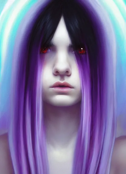 Image similar to hair whitebangs hair, black hair, whitebangs, portrait of teenage girl with white bangs, red irises, purple clothes, white bangs, bangs are different color from hair, intricate, elegant, glowing lights, highly detailed, digital painting, artstation, concept art, smooth, sharp focus, illustration, art by wlop, mars ravelo and greg rutkowski