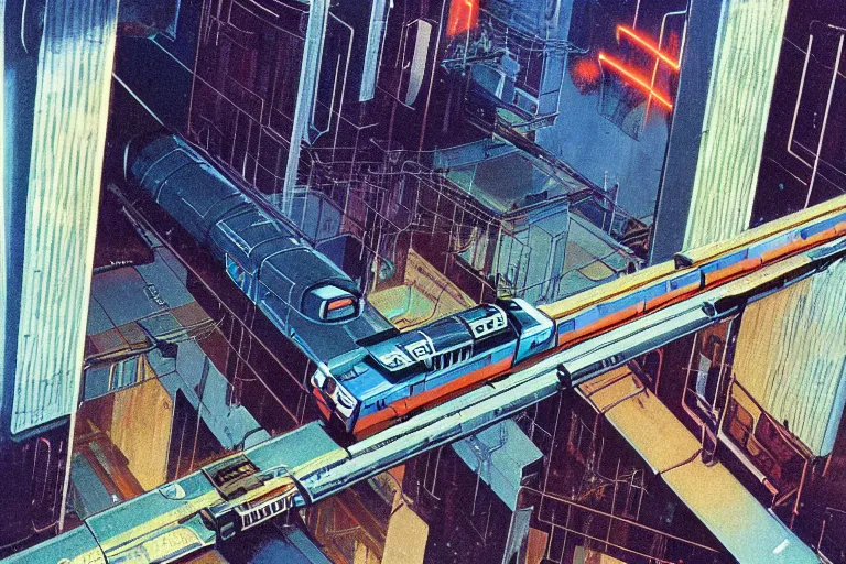 Prompt: 1 9 7 9 omni magazine cover of train bridge going through buildings in cyberpunk style by vincent di fate