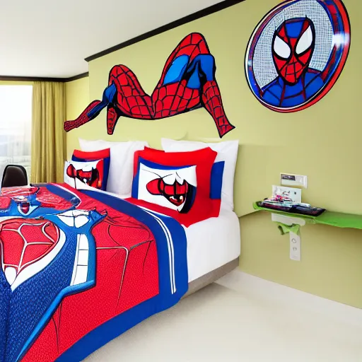 Image similar to photography of theme park hotel room themed to spider - man motif. bed has spider - man blankets. wall has spider - man pattern. furniture has spider - man motif. furniture is shaped like spider - man furniture. carpet has spider - man motif. lighting has spider - man film shapes