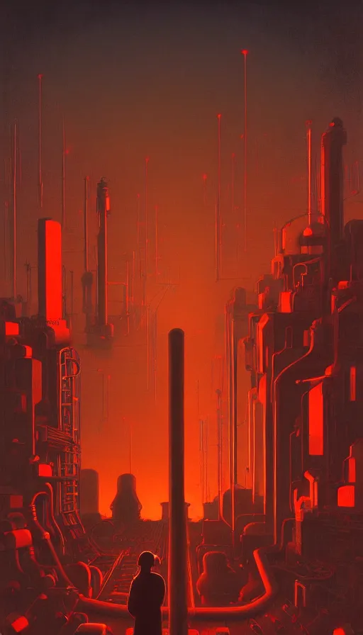 Image similar to a giant weird industrial zone with strange lights in the background, in the style of beksinski, by edward hopper and rodcenko and yue minjun and cory loftis, intricate and epic composition, red by caravaggio, highly detailed, masterpiece, artstation, art nouveau