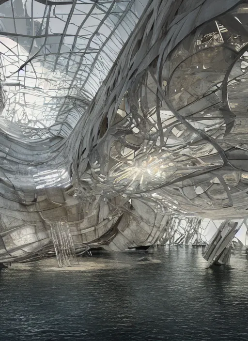Image similar to art exhibition, architecture installation in biennale venezia, bioremediation white mining tailing futuristic horizontal architecture, epic, cinematic, hyperealistic, high detailed, corona render, hdr, ray tracing