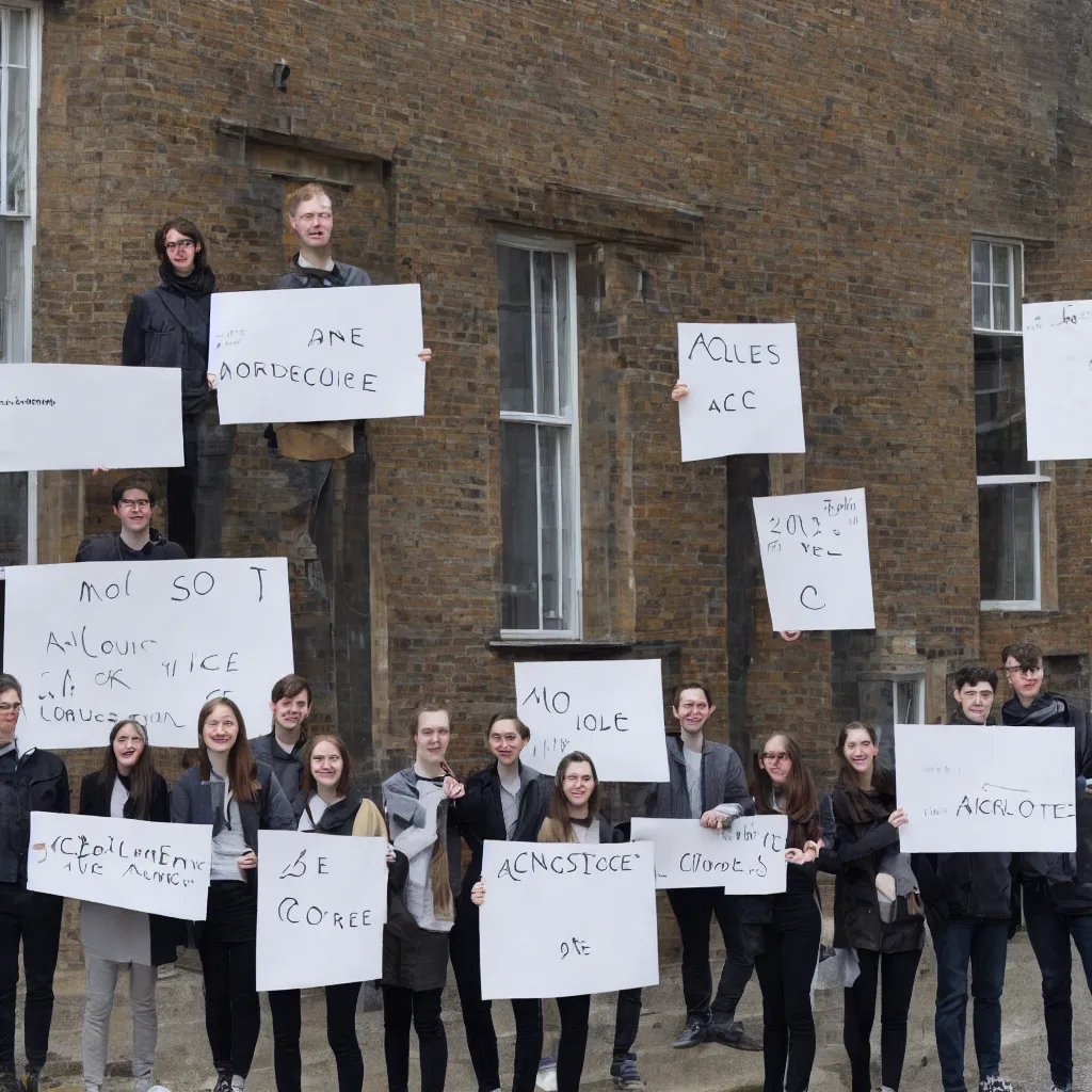 Image similar to a group of students stand in front of the cambridge architecture studio by mole architects, holding a sign with the words ARCSOC 2022–23