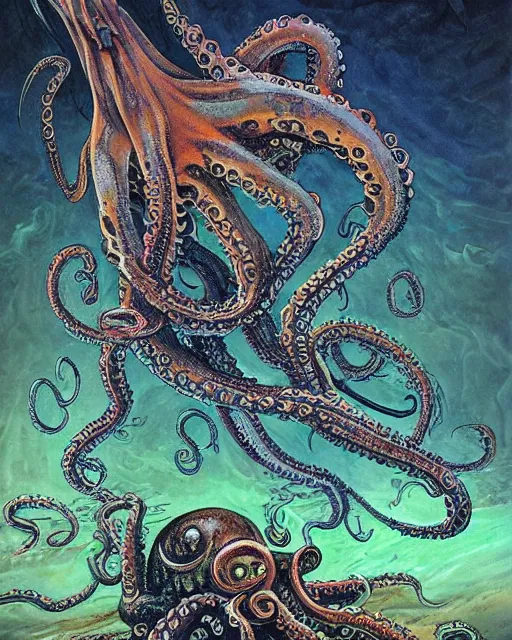 Prompt: a painting of an octopus attacking a giant squid, a fine art painting by gary freeman and by tim white and by philippe druillet, artstation, fantasy art, lovecraftian, bioluminescence, cosmic horror