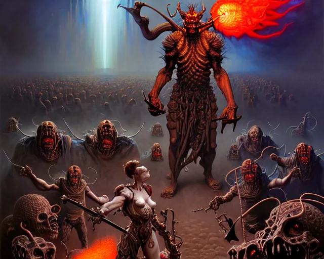 Prompt: the army of darkness and hell, fantasy character portrait made of fractals facing each other, ultra realistic, wide angle, intricate details, the fifth element artifacts, highly detailed by peter mohrbacher, hajime sorayama, wayne barlowe, boris vallejo, aaron horkey, gaston bussiere, craig mullins