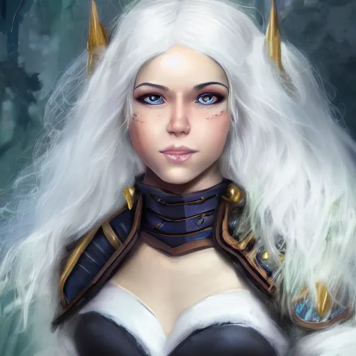 Prompt: fantasy portrait of a female human adventurer with white skin, white hair, white eyes without pupils, slightly - pointed ears, short wavy hair, eyebrow scar, trending on artstation, gentle smile, friendly, glowing, slight angle, warm and welcoming, feywild background