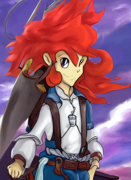 Image similar to A pokemon style portrait of a long haired, red headed male sky-pirate in front of an airship