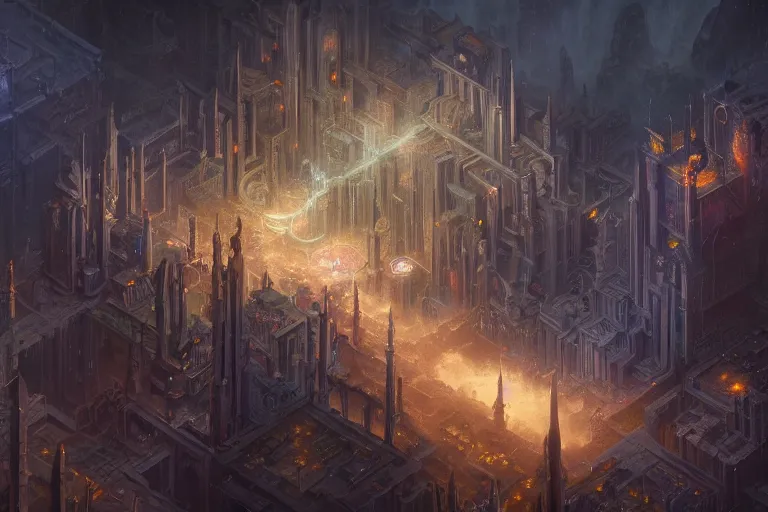 Prompt: an intricate matte painting of an epic galactic isometric megadungeon map played by the gods , highly detailed iridescent dimly lit exterior with shafts of iridescent light bouncing off magical realms, by Christophe Vacher and Bastien Lecouffe-Deharme, trending on artstation