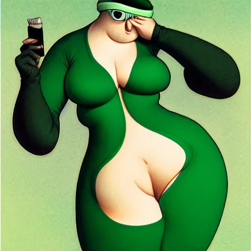 Prompt: fat pigeon in a green body suit, by Range Murata and Mucha