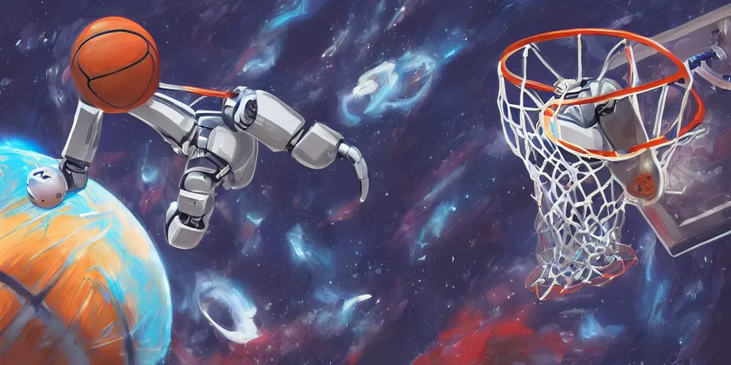 Prompt: digital painting of a robot dunking a basketball in space, highly detailed, science fiction, mix of styles, intricate, abstract, surreal, anime, ghost in the shell color scheme, masterpiece