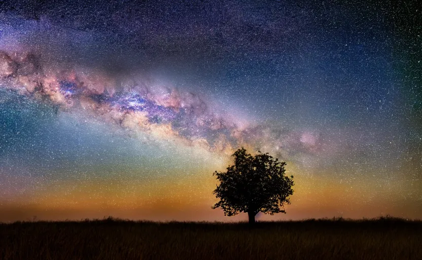 Image similar to night photography of the milky way with a tree in foreground, highly detailed, photorealistic