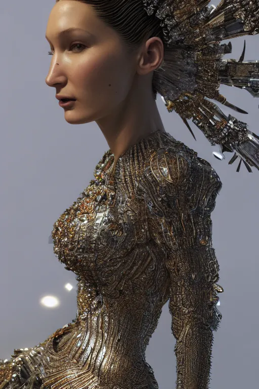 Image similar to a highly detailed metahuman 4 k render close up of an angelic alien goddess bella hadid in iris van herpen dress schiaparelli in diamonds swarovski and jewelry in style of alphonse mucha trending on artstation made in unreal engine 4