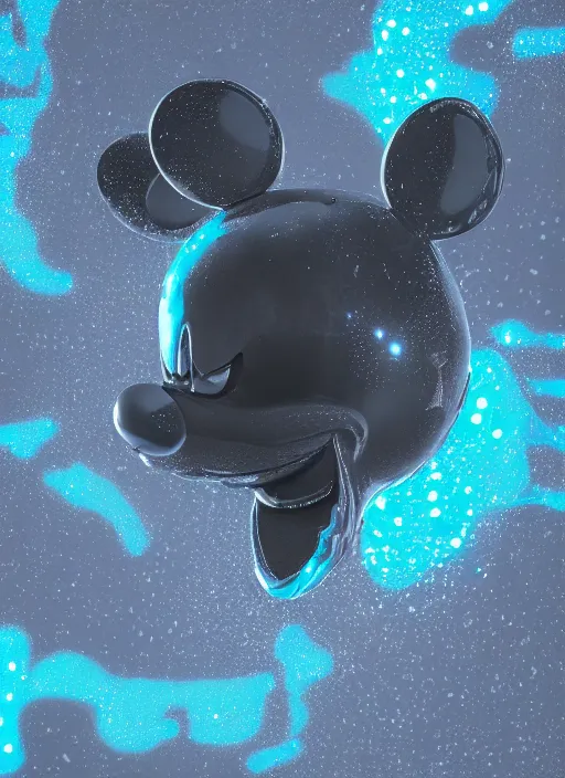 Image similar to mickey mouse head, fractal, broken, wet, mycelium, radiant alien, rococo, baroque, automotive, bio-mechanical, porcelain, iridescent sub surface scattering, octane render