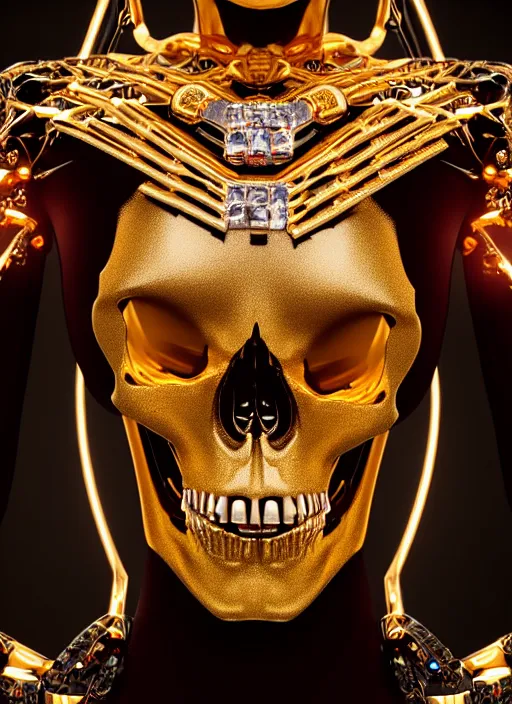 Image similar to a stunning young female cyborg - skull ribs made of gold, gemstones, diamonds, unreal engine, glamor shot, nikon d 7 5 0, closeup, f / 2. 8, low contrast, 1 6 k, rim lighting, optical fiber, cinematic lighting, insanely detailed and intricate, hypermaximalist, elegant, ornate, hyper realistic,