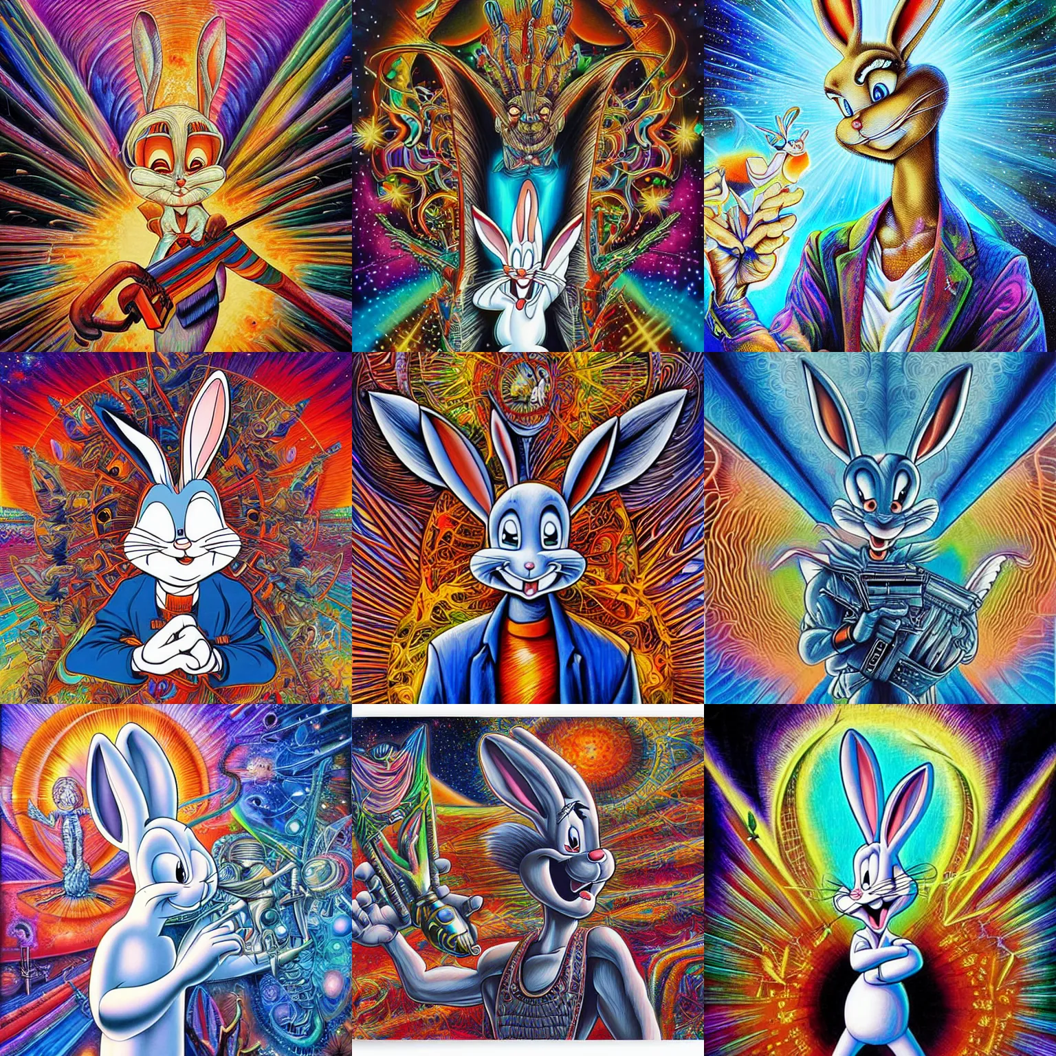 Image similar to Bugs bunny x holding an uzi painting by android jones in the style of cosmic christ by alex grey