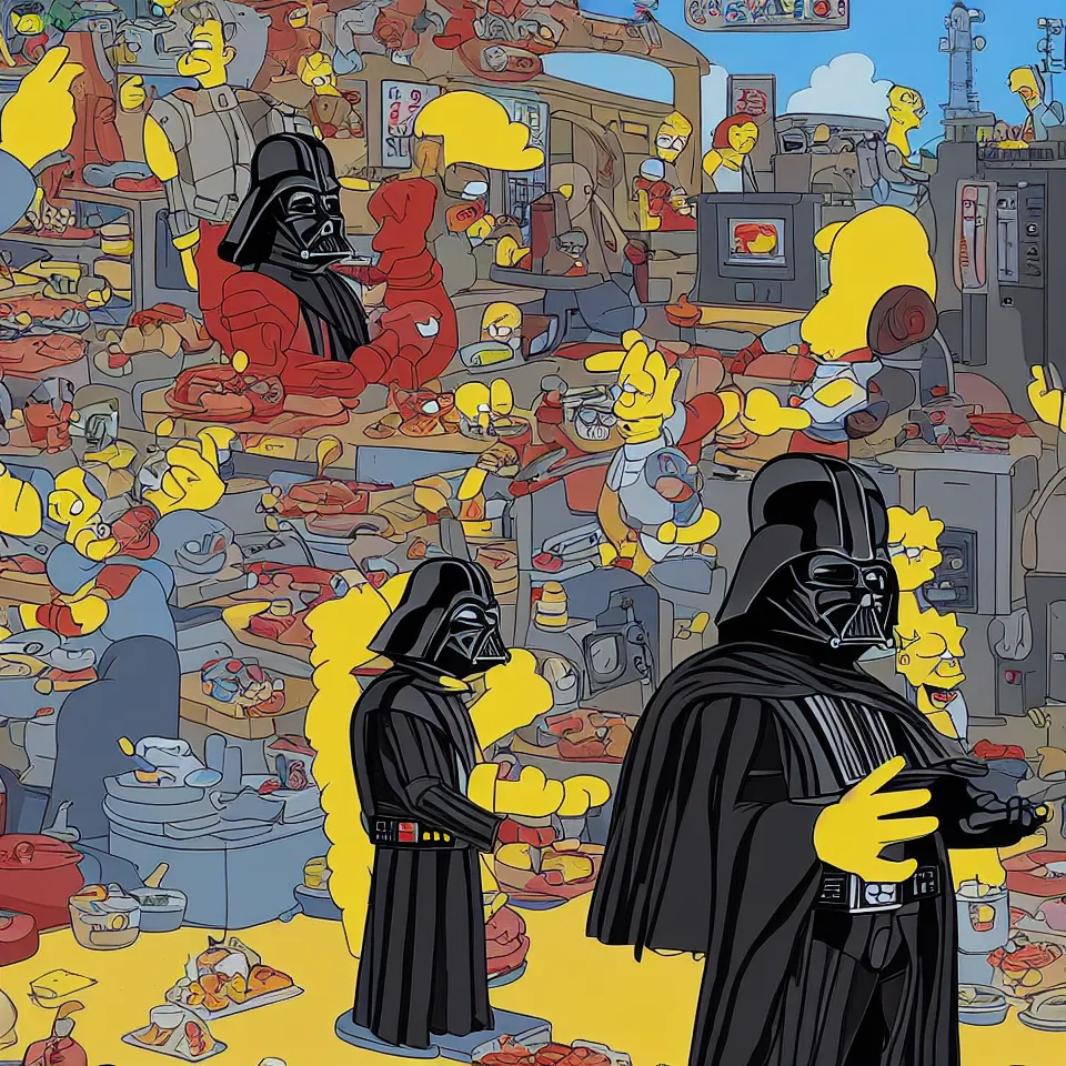 Image similar to darth vader serving donuts in simpsons style art