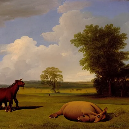 Prompt: oil painting by george stubbs of a man posing with a hippopotamus and a llama in a meadow at dawn.