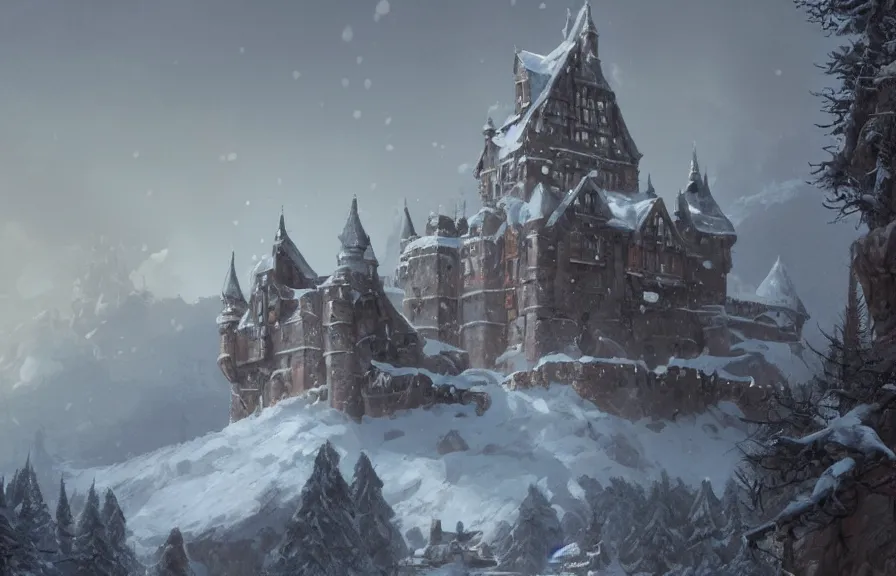 Image similar to a painting of a castle in the middle of a snowy mountain, a detailed matte painting by andreas rocha and greg rutkowski, featured on artstation, fantasy art, matte drawing, matte painting, artstation hq