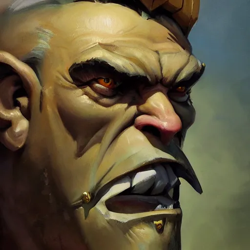 Image similar to greg manchess close - up portrait painting of a ruggedly handsome dieselpunk orc general with olive green skin as an overwatch character, medium shot, asymmetrical, profile picture, organic painting, sunny day, matte painting, bold shapes, hard edges, street art, trending on artstation, by huang guangjian and gil elvgren and sachin teng