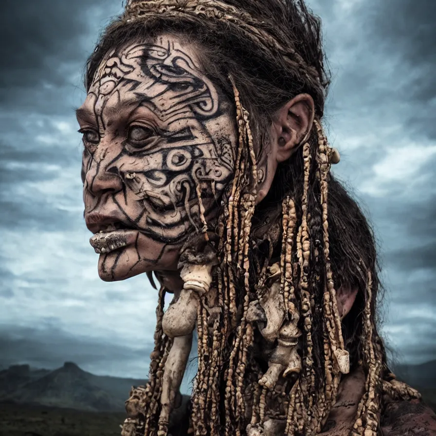 Image similar to extremely detailed award winning national geographic full body portrait photography from ancient mayan elder shaman warrior with terrifying face tattoos and heavy bone piercings . 64megapixel. 4k 8k. Realistic render. Influenced by apocalypto. Landscape background what is slightly blurry and windy.