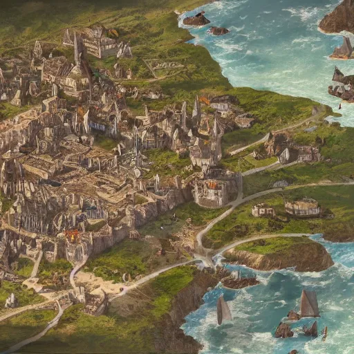 Prompt: D&D top-down map of a medieval coastal city, trending on artstation, illustration, cgsociety, 8k, cinematic art by Greg Rutkowski and Thomas Kinkade and William O'Connor