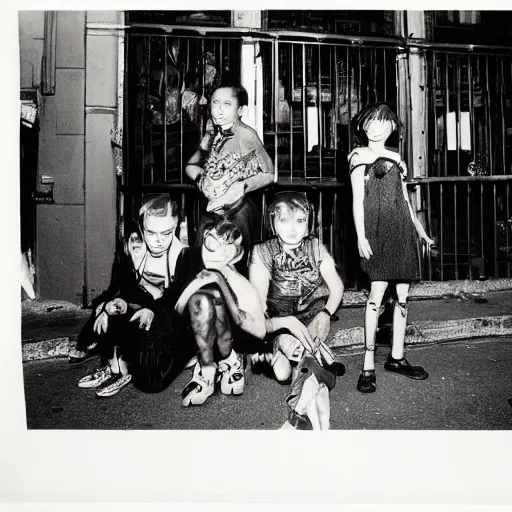 Image similar to night flash portrait photography of punk kids on the lower east side by diane arbus, colorful!!, nighttime!, raining!