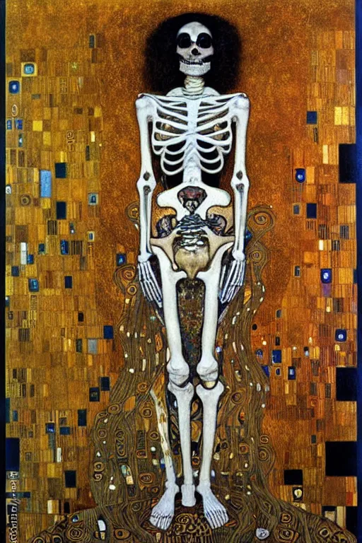 Image similar to skeleton queen, symbolism paintimg of vienna secession movement. in gustav klimt style 1 9 0 1, judith and the head of holofernes