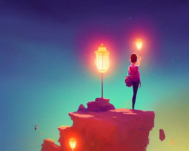 Prompt: girl standing on cliffside at night holding a glowing lantern, digital art, ismail inceoglu, liam brazier, petros afshar