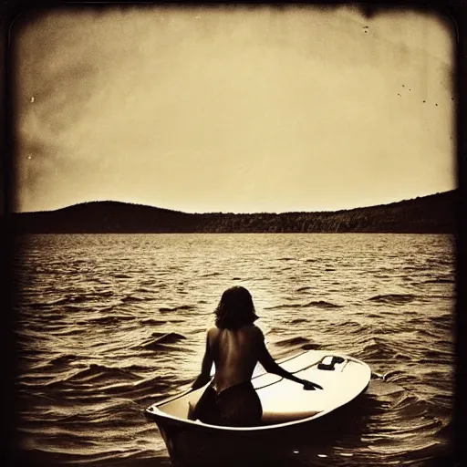 Prompt: “old photo of mermaid, only her face on top of water, next to boat, sepia”