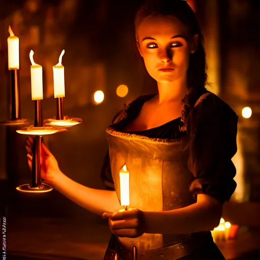 Image similar to young attractive beautiful bar maid in a medieval tavern illuminated by candles at night, wow 4 k detail fantasy, matte painting, realistic materials, photo realistic, postprocessing, cinematic, hyperrealistic, studio lighting, photography by richard jenkins