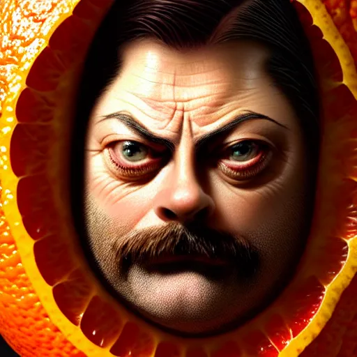Prompt: nick offerman face inside an orange!, sci - fi and fantasy, intricate highly detailed digital painting, artstation, concept art, smooth and sharp focus, illustration, art by tan zi and ayanamikodon and alphonse mucha and wlop
