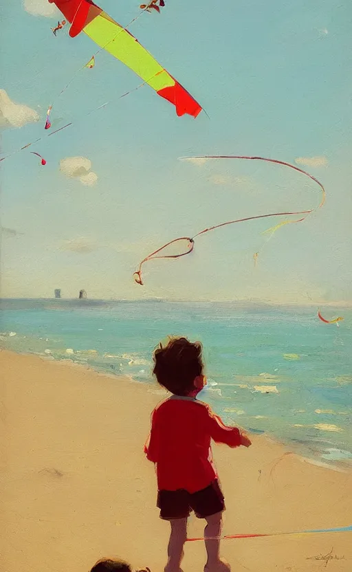 Image similar to child flying a kite at the beach by atey ghailan and garmash, michael, plein air, whimsical