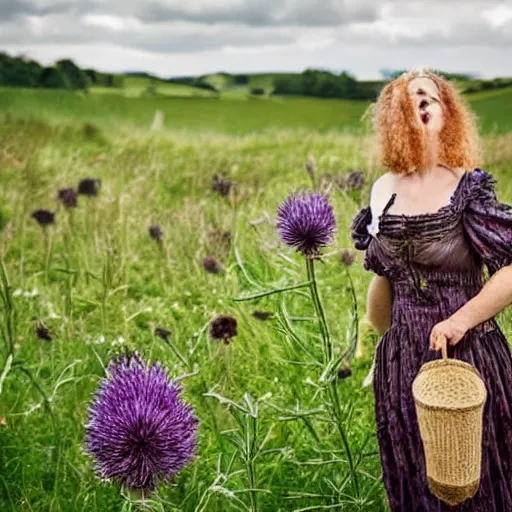 Prompt: thistles, grass, sun, beautiful woman. a meadow, late english summer. folk horror style. beautiful. gothic. dreamy. rooks