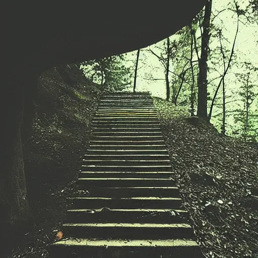 Image similar to “staircase in the middle of the woods, creepy lighting, liminal, photorealistic”