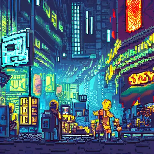 Prompt: fantastic lighting, pixel art, high detail , 16 bits, cyberpunk market, 2d