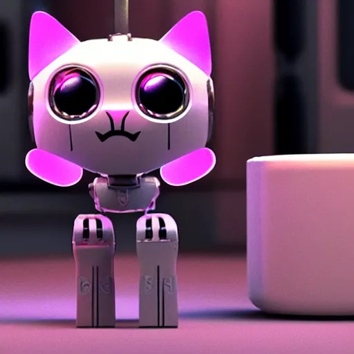 Prompt: a 3 d rendered movie of a cute robot kitten with whiskers. the robot has rgb lighting implants. in the background is a cat tree ( cyberpunk ) for robots. dramatic lighting. science fiction outer space fantasy blockbuster movie, imax 7 0 mm. octane 3 d render, style of mandalorian ( american space western television series ) but about robots, polka dancing contest.