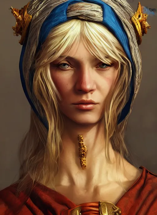 Image similar to blonde peasant woman, fantasy, medieval, vivid colors, fantasy, elegant, concept art, sharp focus, beautiful face!!, digital art, hyper - realistic, 4 k, unreal engine, highly detailed, hd, dramatic lighting by brom, trending on artstation