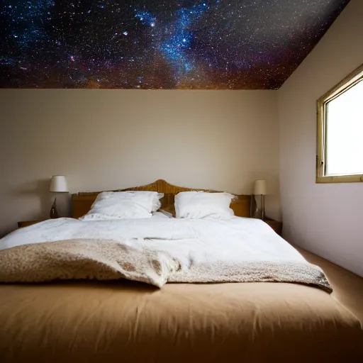 Prompt: warm room with a bed, on the wall is drawn by the best painter, stars, galaxies and costelaciones.. Canon, EOS 5D Mark II, Lens: 50.0mm f/2.0, 1/200s, ISO 3200